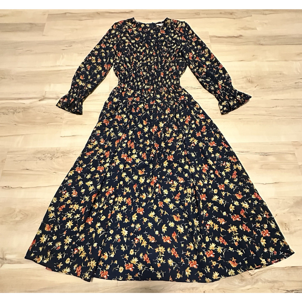 Victor Alfaro Floral Smocked Waist Maxi Dress Navy Orange Yellow Size S